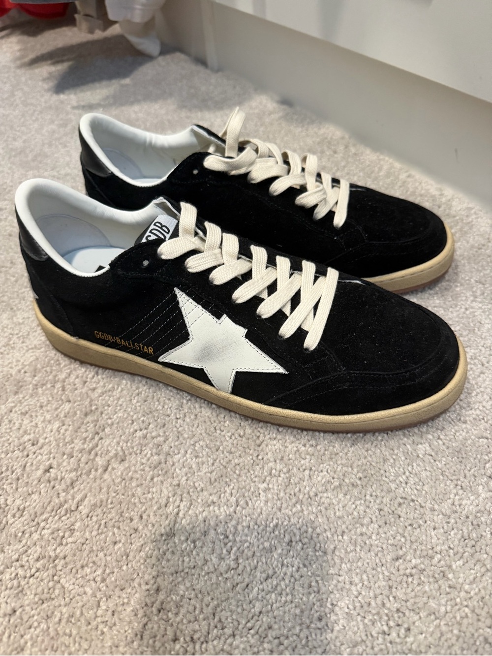 Golden Goose Black Suede Sneakers with White Star and Cream Laces